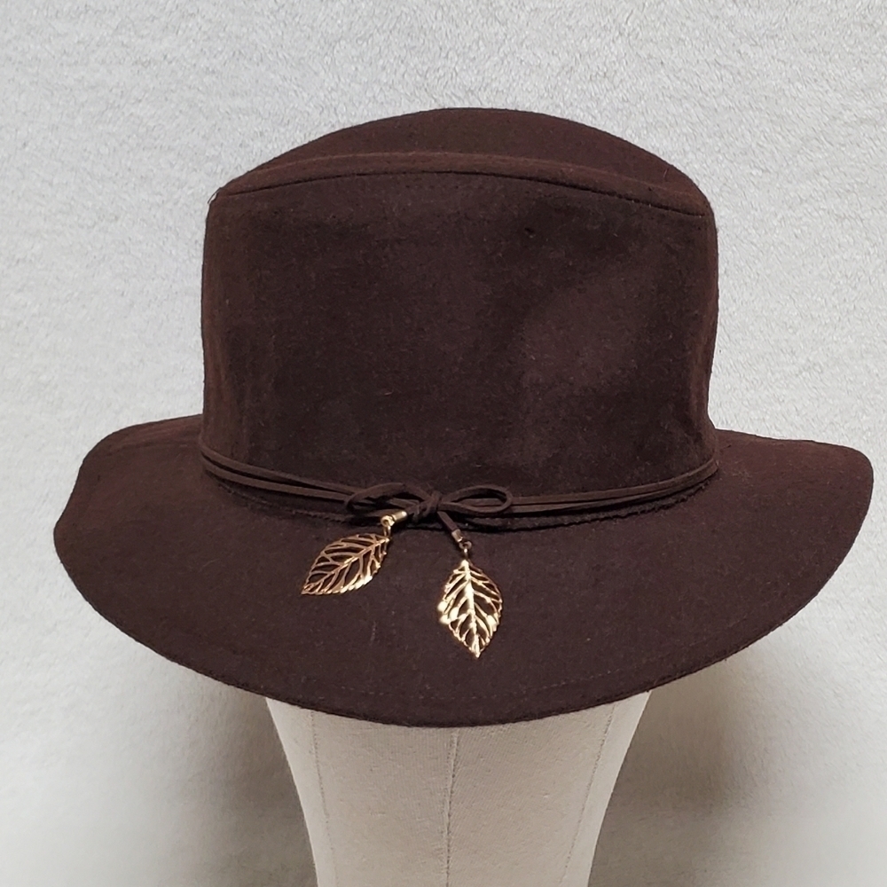 VINTAGE Brown Wool Felt Leather Band Gold Feather Lined Fedora Hat Bucket Hat
